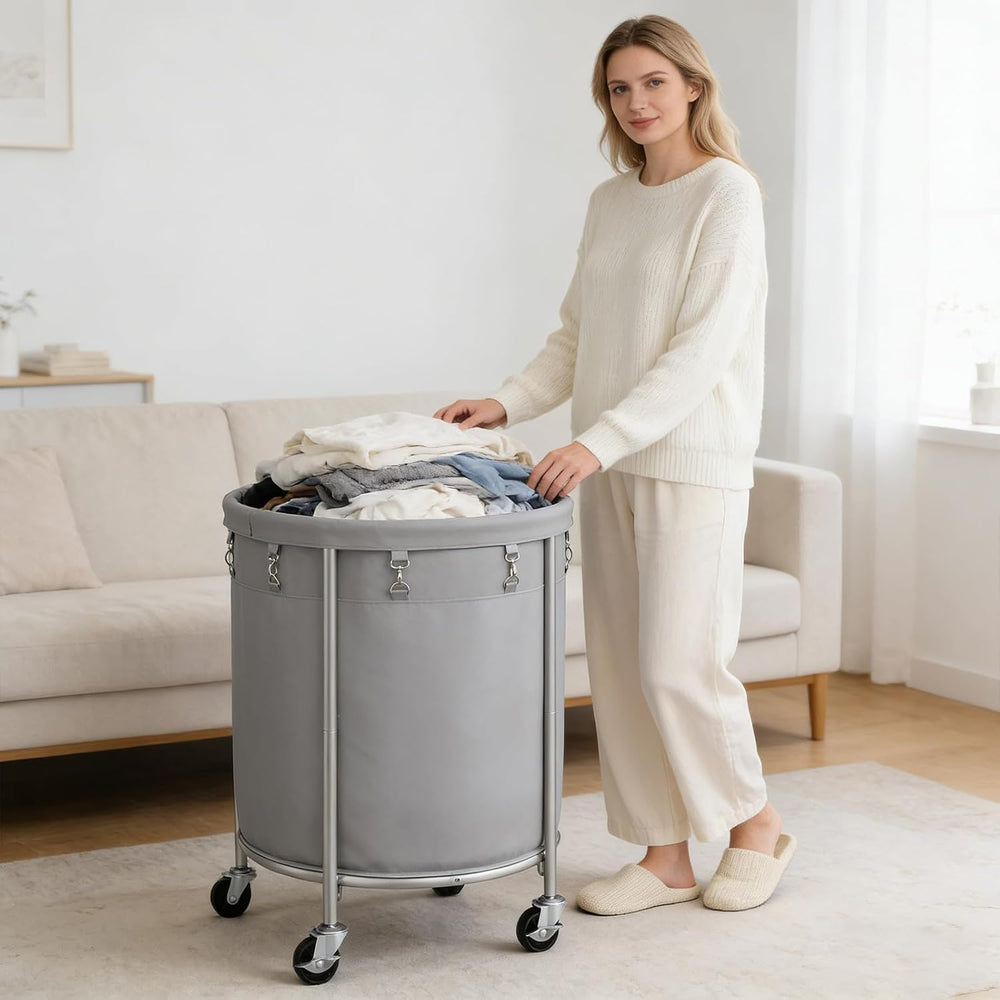 ELYKEN Laundry Basket with Wheels, Round Rolling Laundry Hamper, Gray