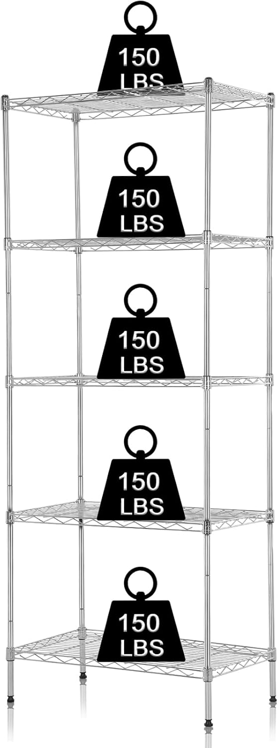 5-Tier Metal Shelving Unit, 750 lb, 24 x 14 x 60 in, Chrome