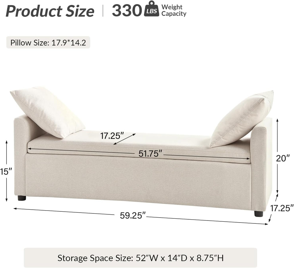 HULALA HOME 59" Storage Bench with 2 Throw Pillows & Armrests, Linen
