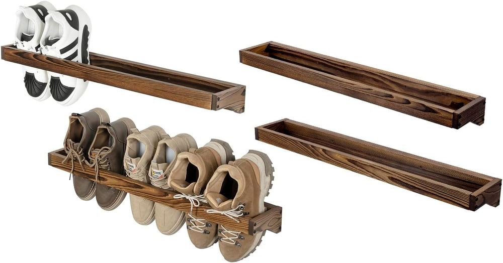 MyGift 30 Inch Rustic Burnt Wood Wall Shoe Rack Set of 4 Holds 12 Pairs