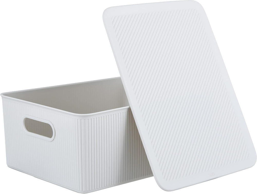 Superio Ribbed Collection - Decorative Plastic Basket Lidded Home Storage Bin...