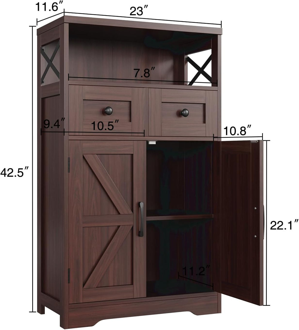 Dark Brown Farmhouse Storage Cabinet with Doors and Drawers, Small Pantry