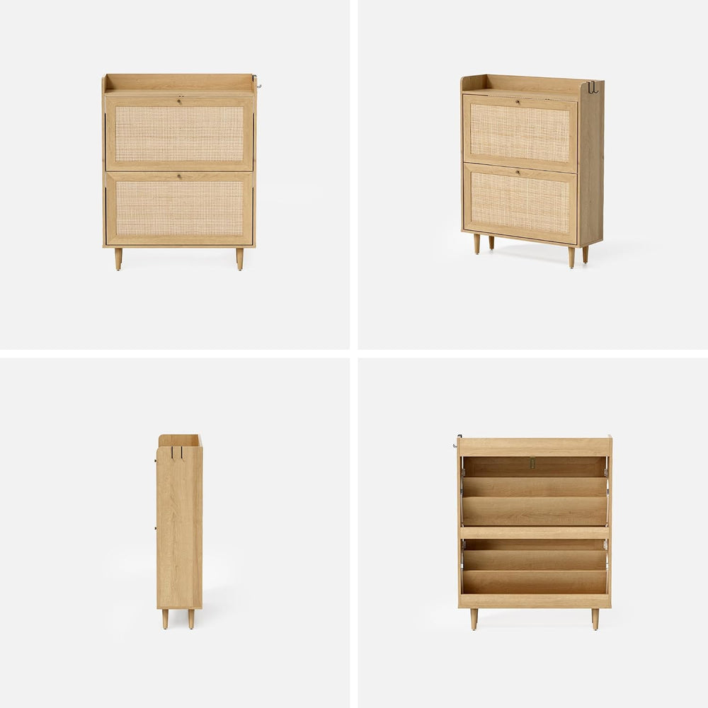 EYYTHUNG Rattan Shoe Cabinet with 2 Flip Drawers, Mid Century Modern Shoe Org...