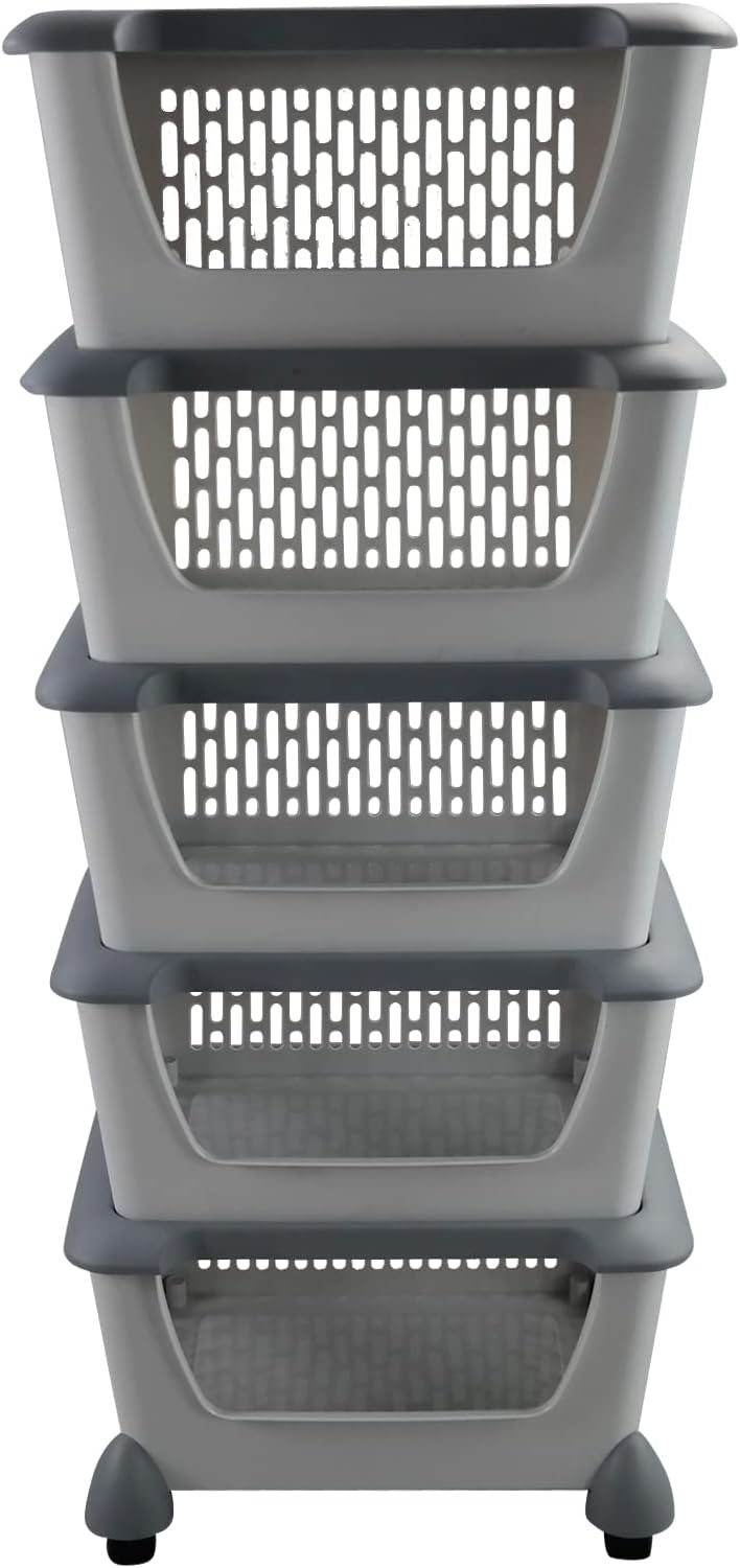 Cand 5-Pack Large Stackable Storage Bins, Plastic Stacking Baskets, Grey