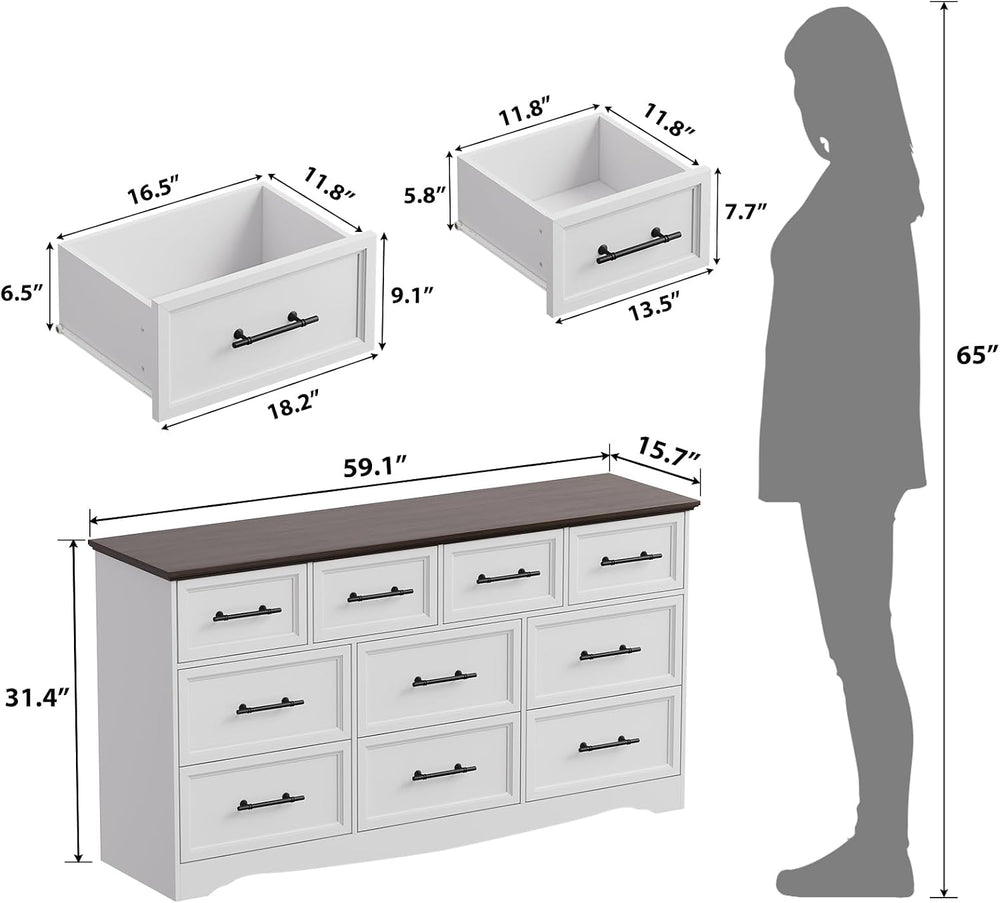 YANSNWO White 10 Drawer Dresser for Bedroom, 59" Wide Chest of Drawers