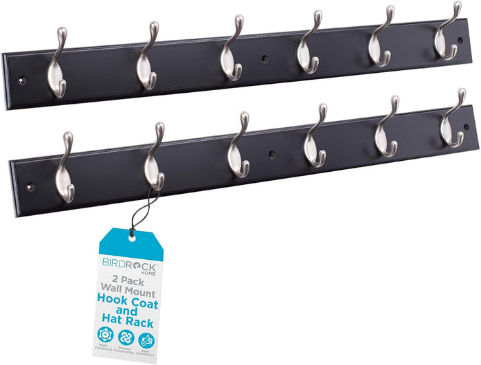 BIRDROCK HOME Oval Hook Coat and Hat Rack | 6 Hooks | 2 Pack | Wall Mount | Black Finish | Satin Nickel Hooks