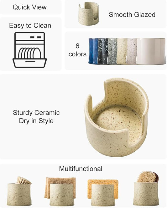 Sponge Holder for Kitchen Sink, Ceramic Dish Sponge Holder Sink Caddy Compact - Image 2