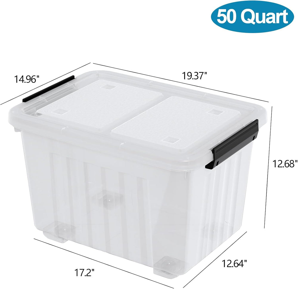Wakikin Large 50 Quart Clear Plastic Storage Bins with Wheels, 6-Pack