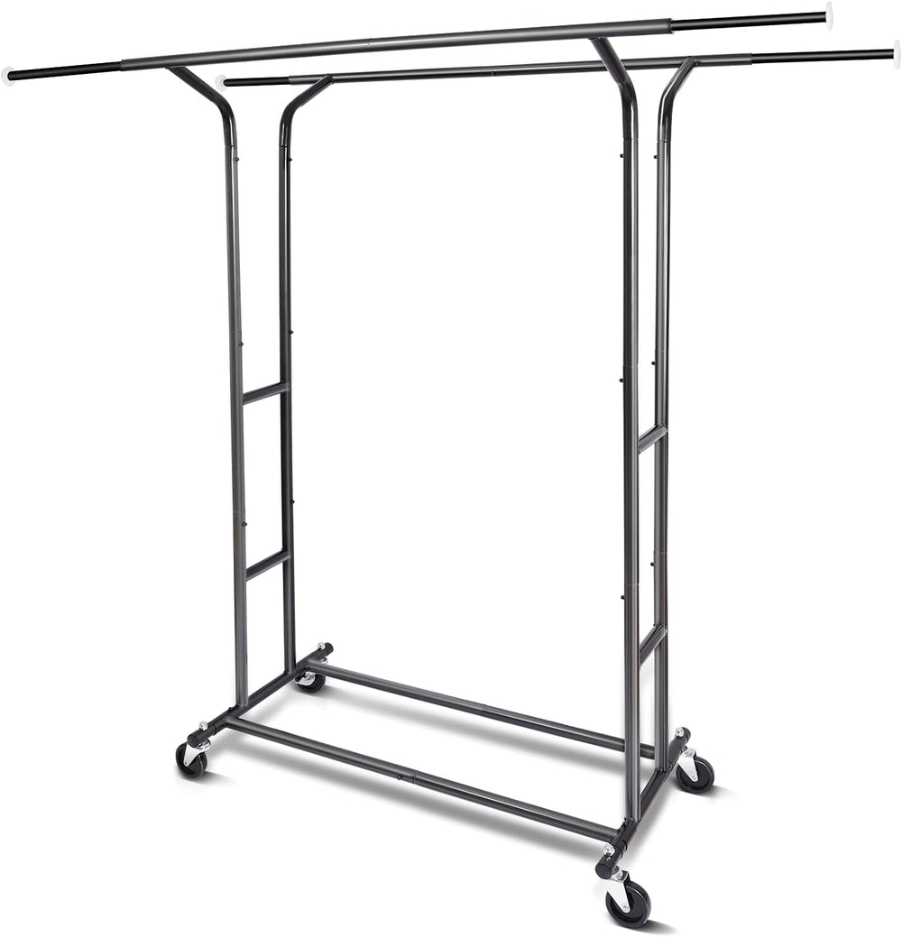 Fishat Black 60" H Heavy Duty Double Rod Rolling Clothes Garment Rack