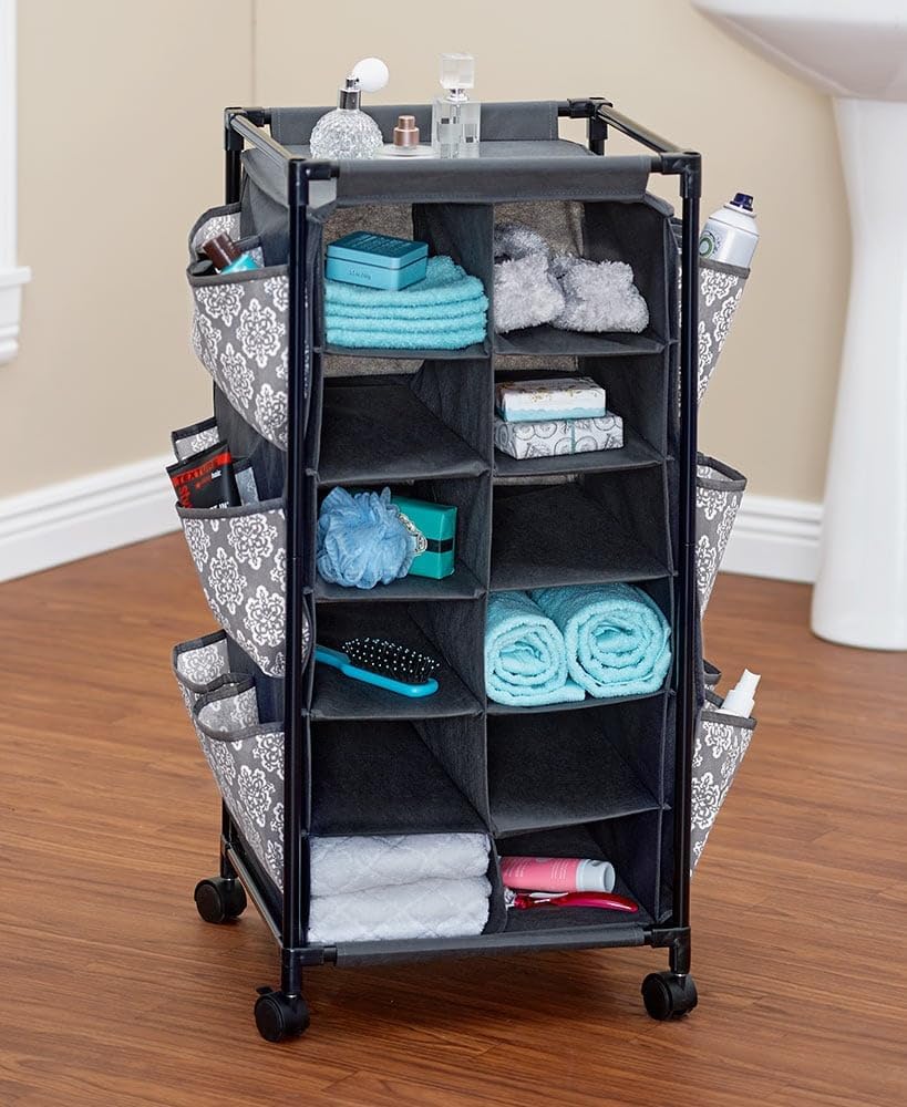 The Lakeside Collection Rolling Shoe Storage Unit with Fabric Cubbies - Blue ...