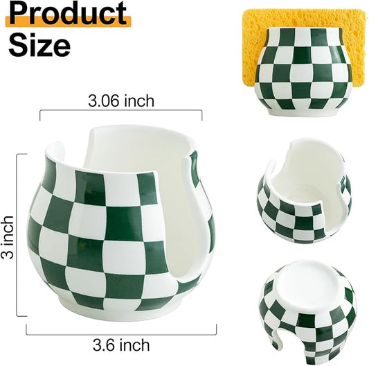 Kitchen Sponge Holder, Ceramic Sponge Organizer Checkered Scrubby Holder Sink - Image 2