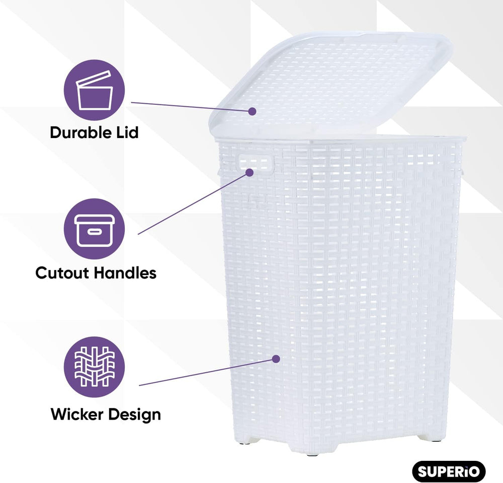 Plastic Laundry Hamper with Lid Laundry Hamper Basket, White 2 Pack Tall Clot...