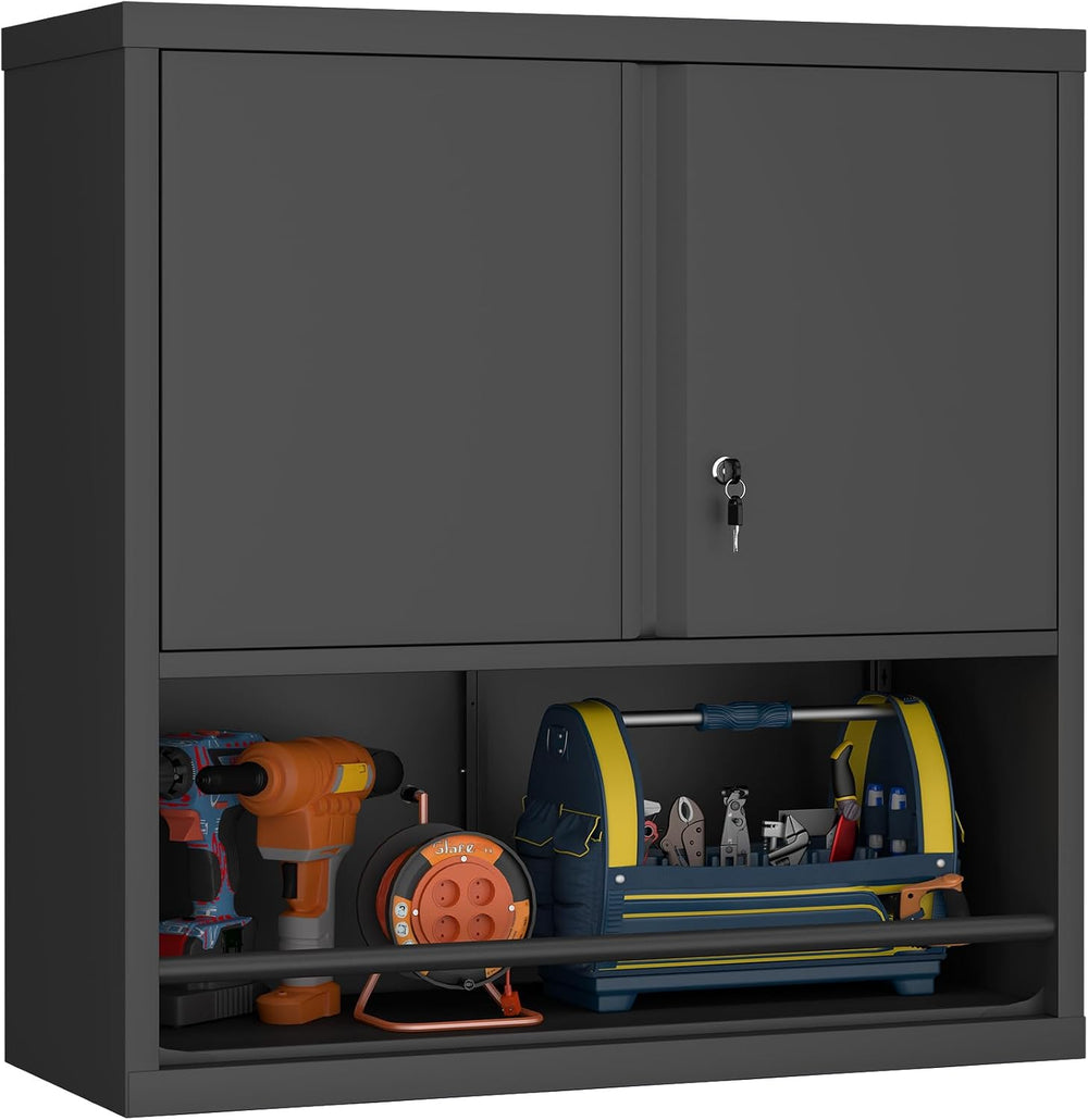 Locking Metal Wall Mounted Garage Storage Cabinet with Doors and Shelves