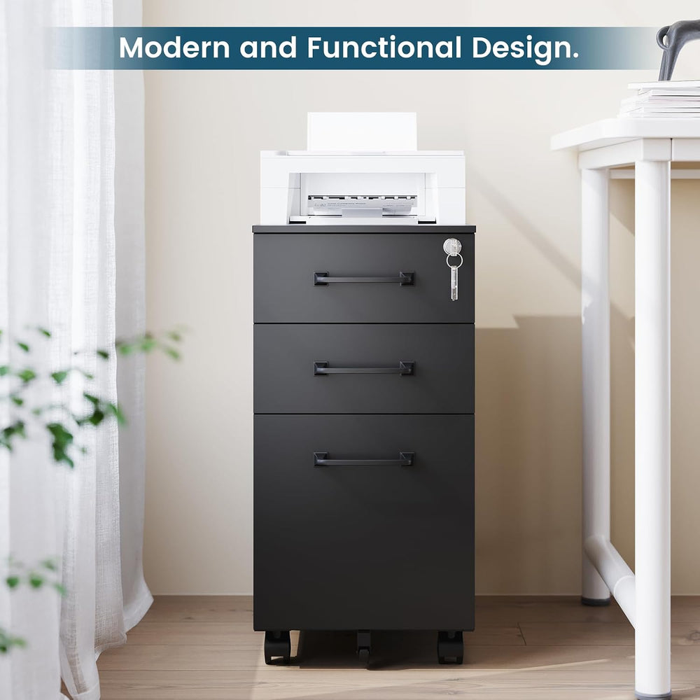 MIIIKO File Cabinet 3 Drawers on Wheels Under Desk, Black Metal File Cabinets...