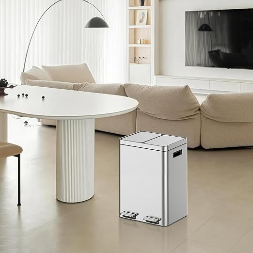 2 x 5.3 Gal Trash Can, Stainless Steel Triple Compartment Step-On Recycling Bin - Image 7