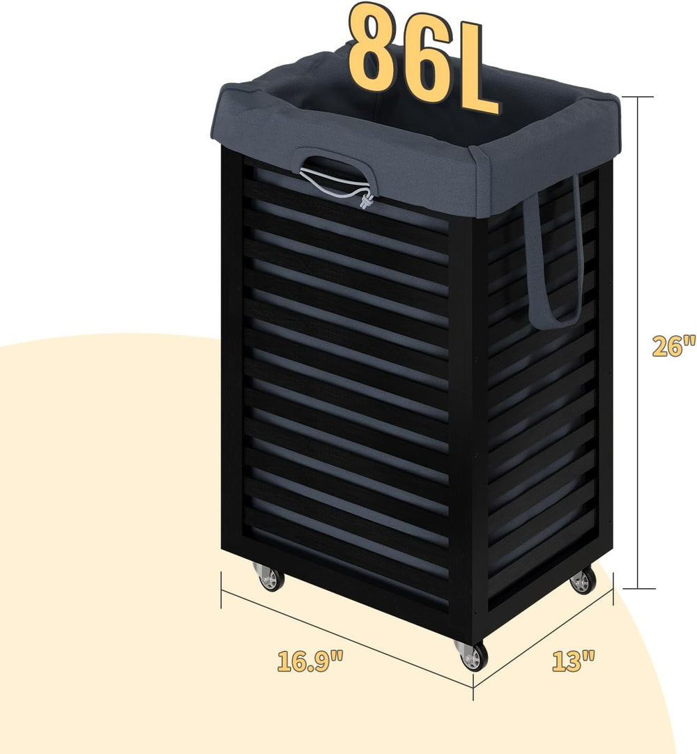 Laundry Hamper with Wheels,Rolling Laundry Basket with Removable Bag,Bamboo C...
