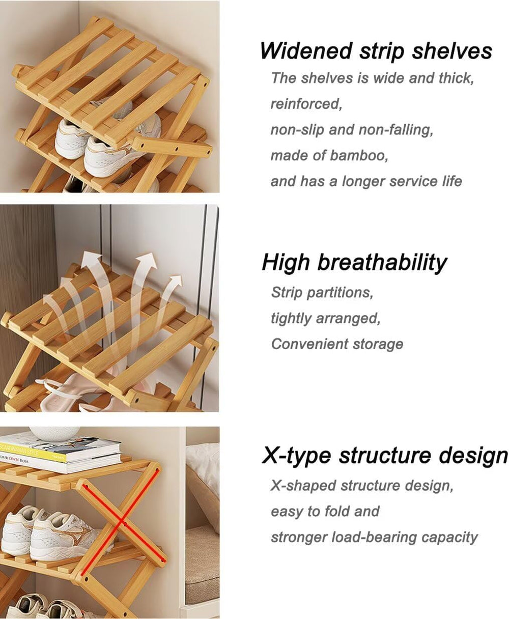 Vertical Shoe Rack Folding 4 Tier, Narrow Shoe Storage Rack, Bamboo Shoe Shel...