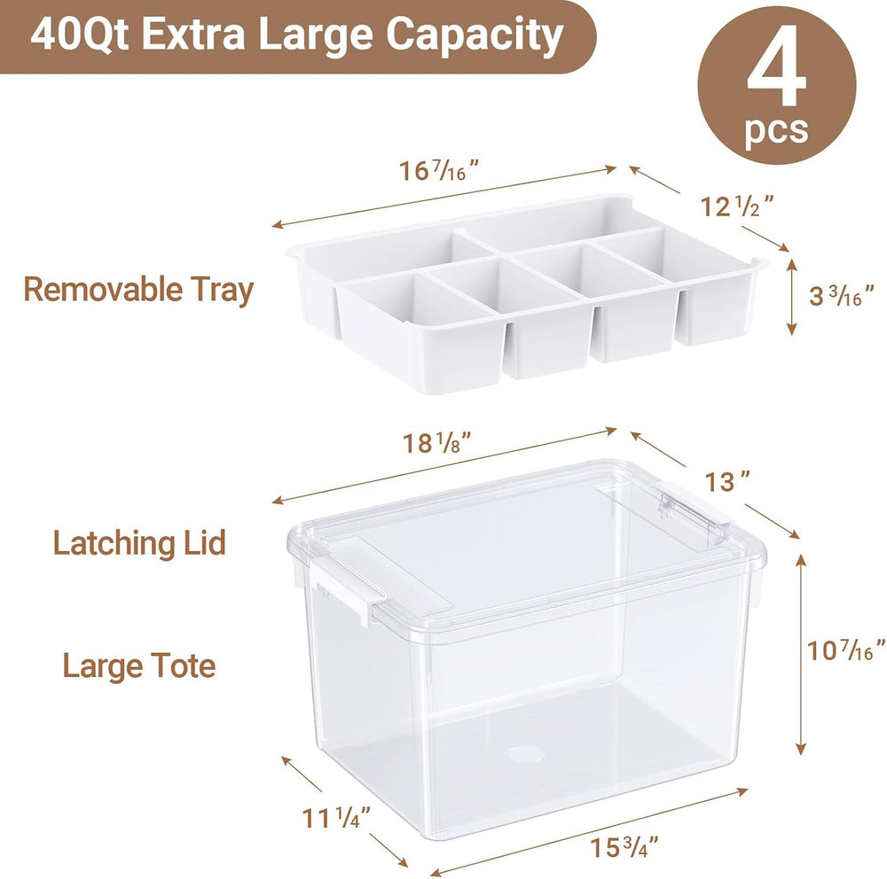 160Qt Stackable Storage Bins with Lids Trays Craft Box Organizers, 4Pack,WH