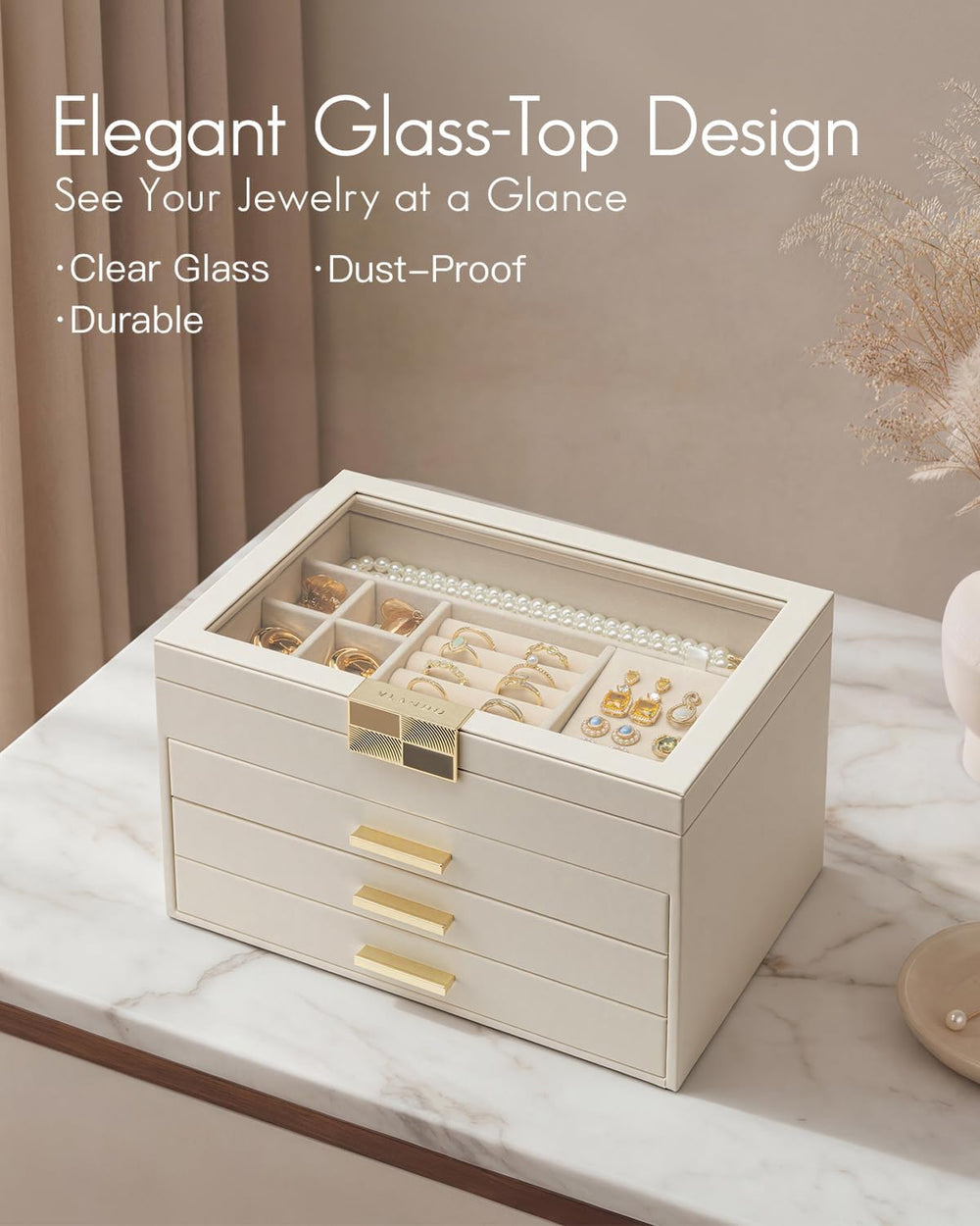 VLANDO Jewelry Box Organizer, 4-Layer Storage with Glass Window