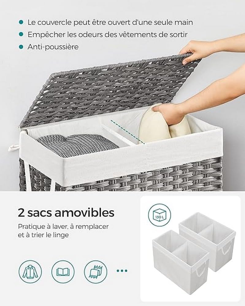 SONGMICS Laundry Basket with Lid, 130L Washing Basket 2 Compartments, Removab...