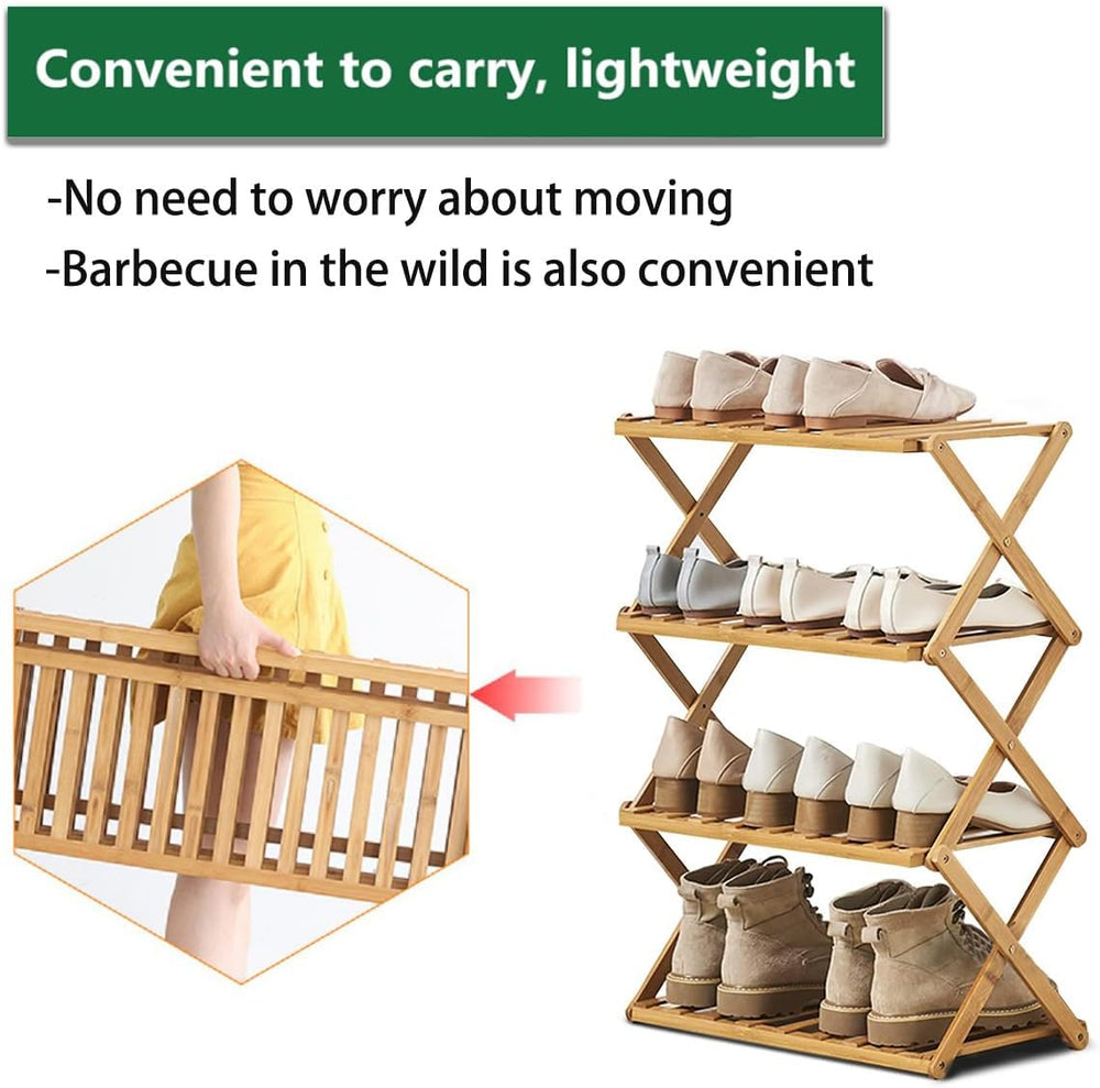 4 Tier Bamboo Shoe Rack,Portable Folding Shoe Storage Rack,Without Installati...