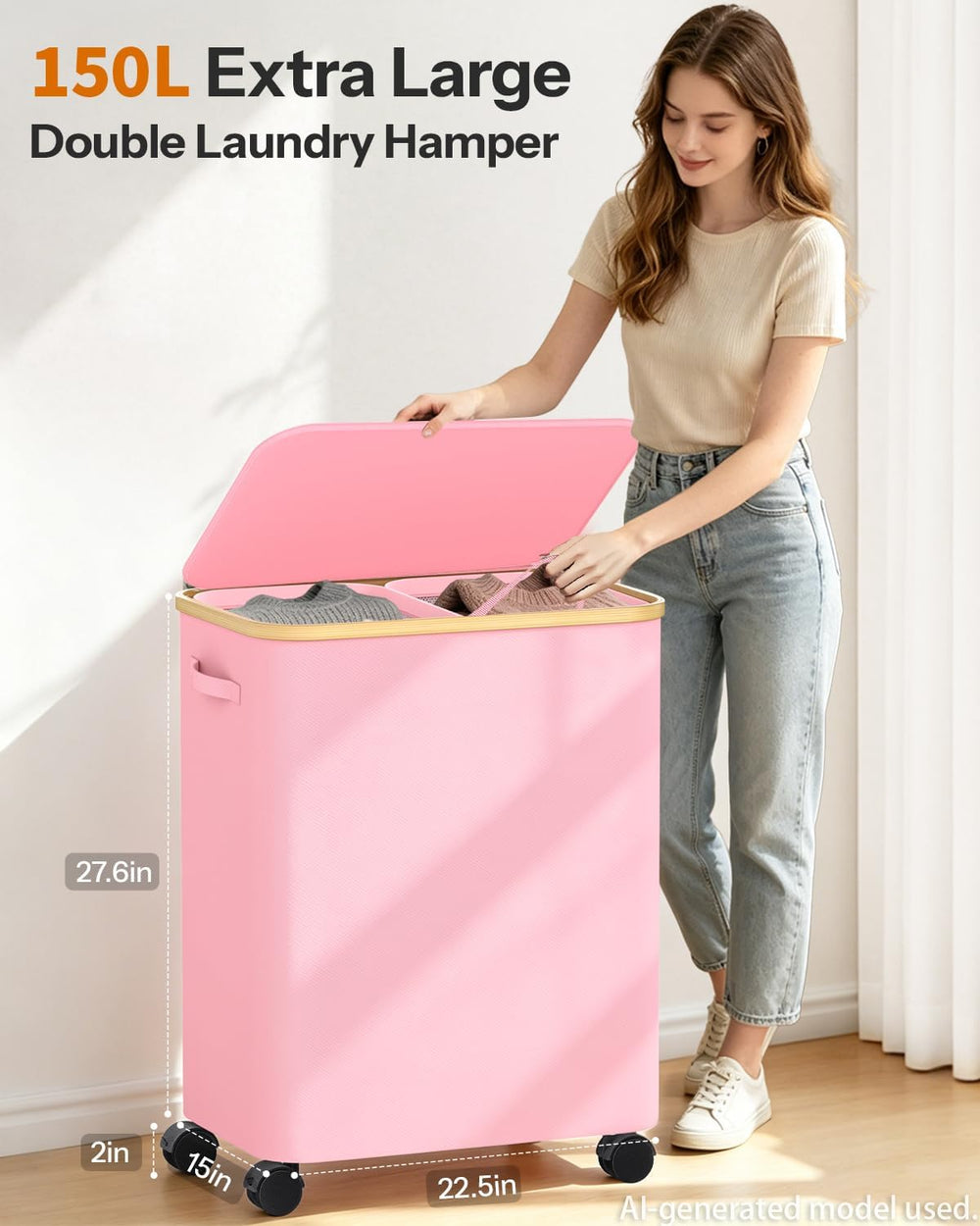 Double Laundry Basket with Wheels and Lid, 150L Clothes Hampers for Laundry