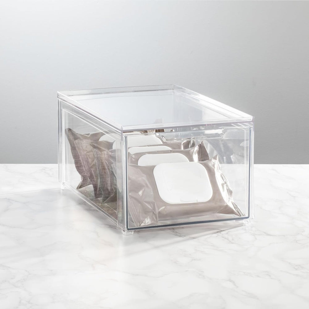 mDesign Plastic Stackable Bathroom Storage with Pull Out Bin Organizer Drawer...