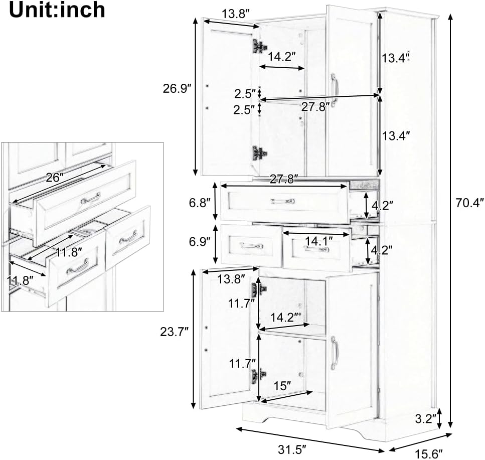 Wood Tall Storage Cabinet with Storage, 4 Doors & 3 Drawers, Bathroom Sto...