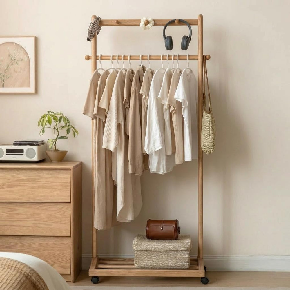 Solid Wood Clothes Rack, Rolling Garment Rack with Wheels & Shelves Stora...