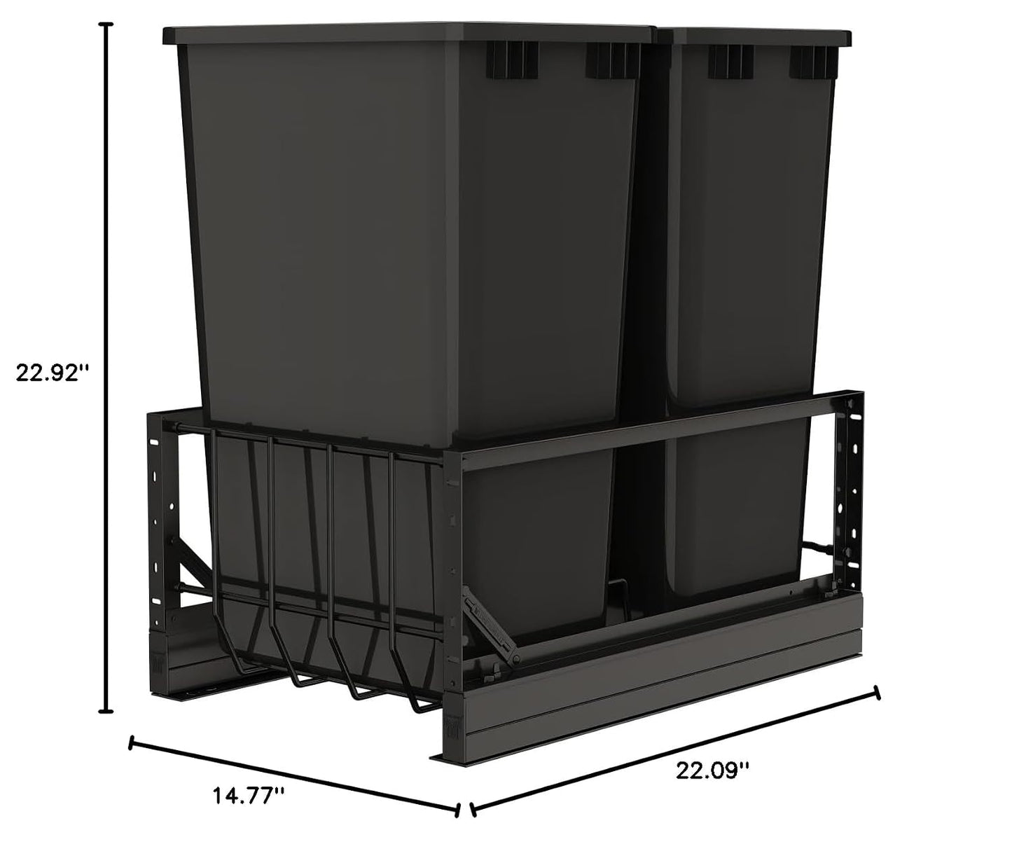 Rev-A-Shelf Aluminum Double Pullout Waste Container for Kitchen Base Cabinets, 50 Qt Trash Can with Soft-Close Slides, Black, 5349-2150DM-218