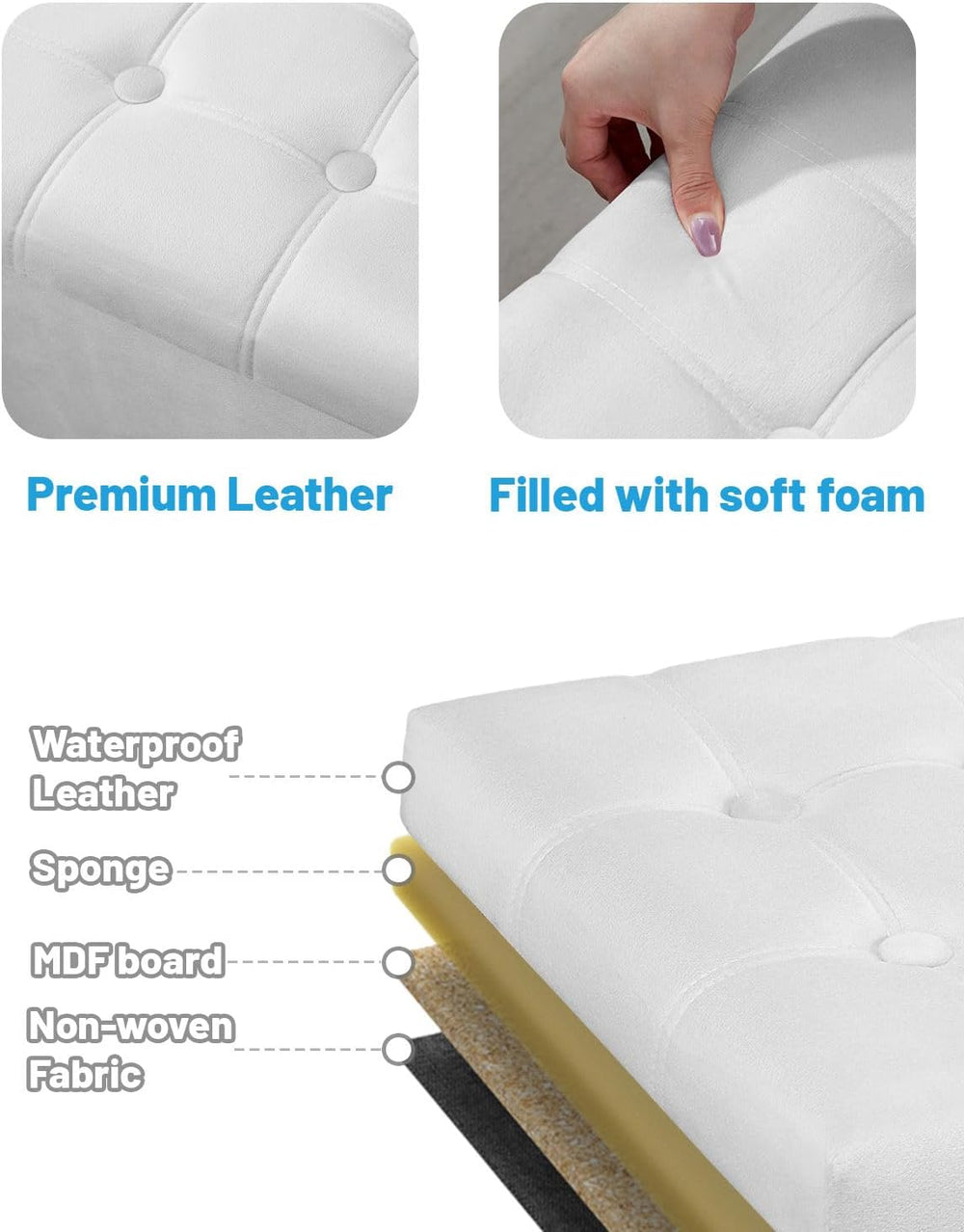 AmasSmile Ottoman with Storage,Folding Chest,17" Velvet,White 2 Pack