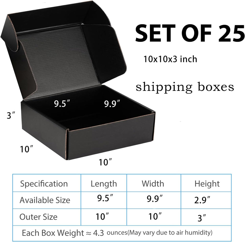 10x10x3 Black Shipping Boxes for Small Business, Packing, 25 Pack