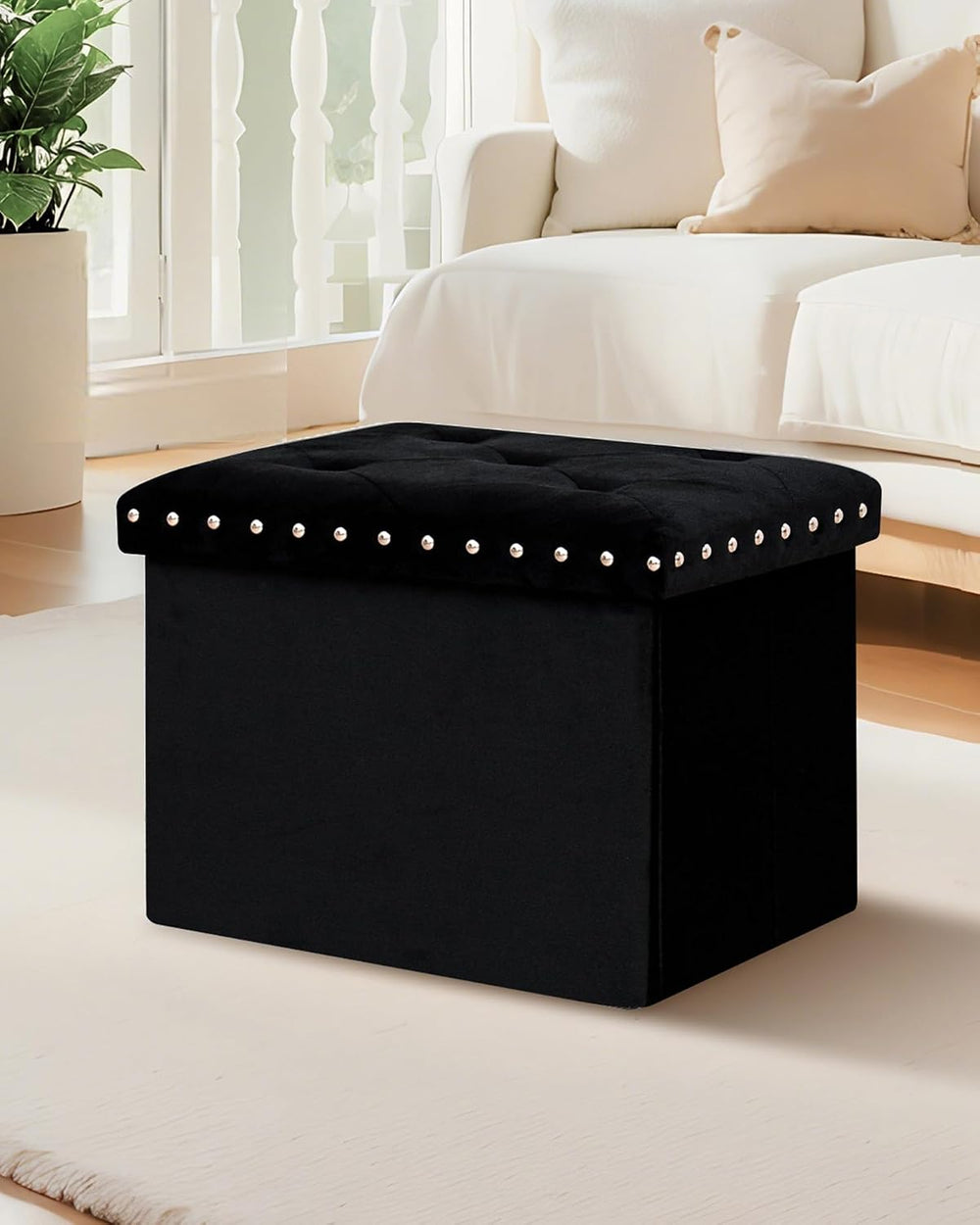 B FSOBEIIALEO Storage Ottoman Cube, 16.5" Velvet Folding Ottoman, Black