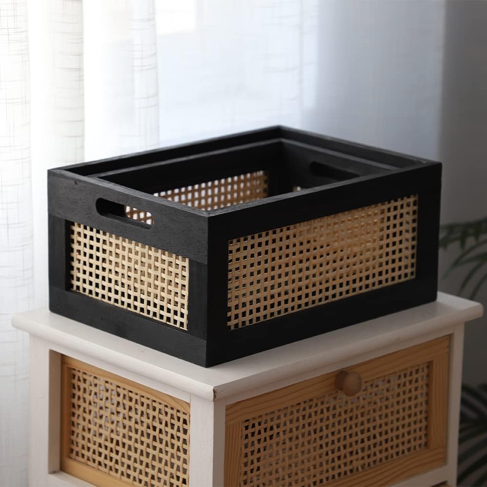 Wicker Wood Storage Baskets with Handle, Set of 2, Black