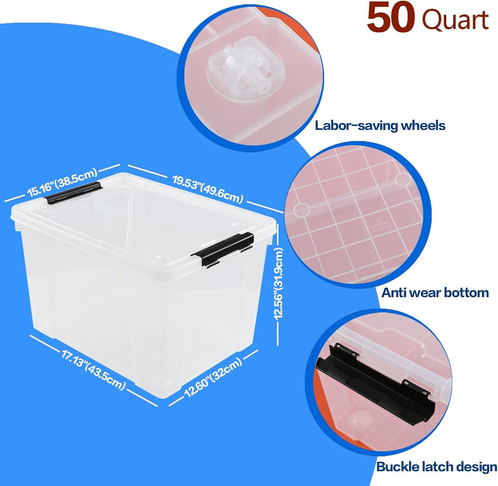 Hespama 4 Packs 50 Quart Wheeled Storage Box, Latch Storage Containers