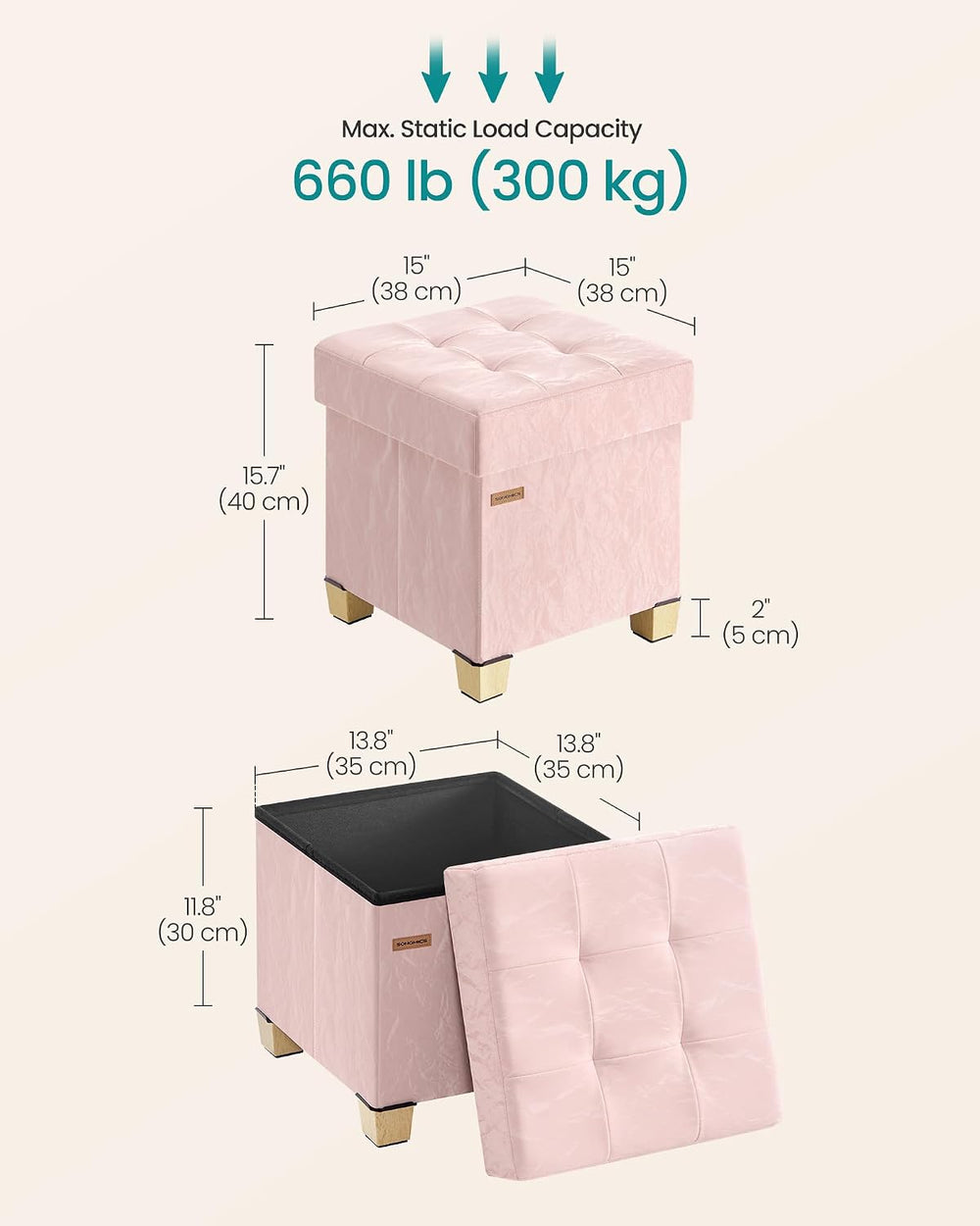 SONGMICS Storage Ottoman, Textured PU Leather Footstool with Cushion