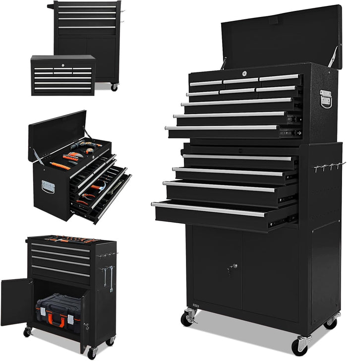 13-Drawer Tool Chest with Double Door and Wheels, 2 in 1 Detachable Rolling Toolbox with Drawers,Large Tool Box with Lock,Mobile Steel Tool Cabinet Storage (Black)