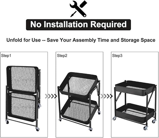 2-Tier Metal Folding Rolling Cart, Mobile Utility Cart Trolley Storage Organizer - Image 2