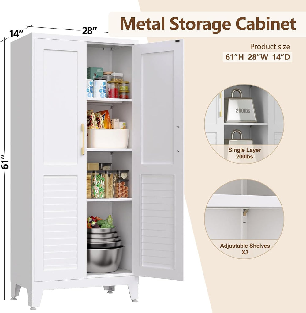 61" H Storage Cabinet, Freestanding Kitchen Pantry Cabinet with Louvered...