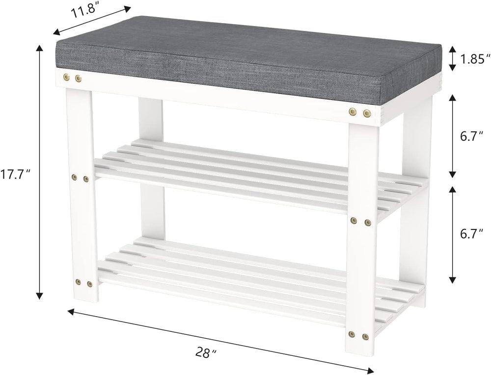 Domax Bamboo Shoe Bench with Cushion, 3-Tier Shoe Rack Organizer, White