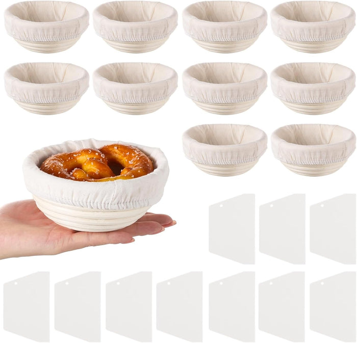 Mini Banneton Basket, Pack of 10 Proofing Basket, Banneton Bread Proofing Basket, Mini Sourdough Banneton Basket, Bakery Baking Bowls With Liners And Scrapers, Bread Baking Supplies