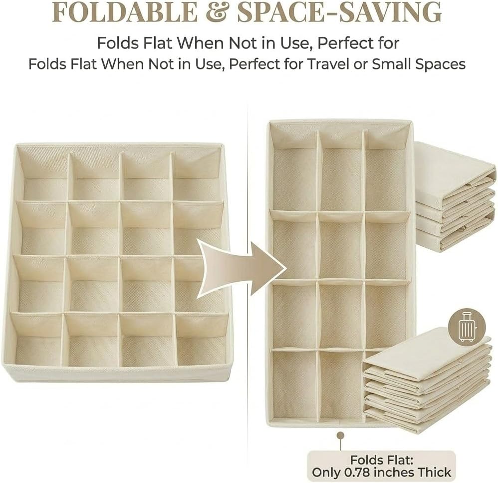Lourome Underwear Drawer Organizer, 5-Pack, for Socks, Bras, Off-White | Fits Standard 13"+ Dressers, 55 Compartments, Storage Bins for Bedroom, Closet & Bathroom