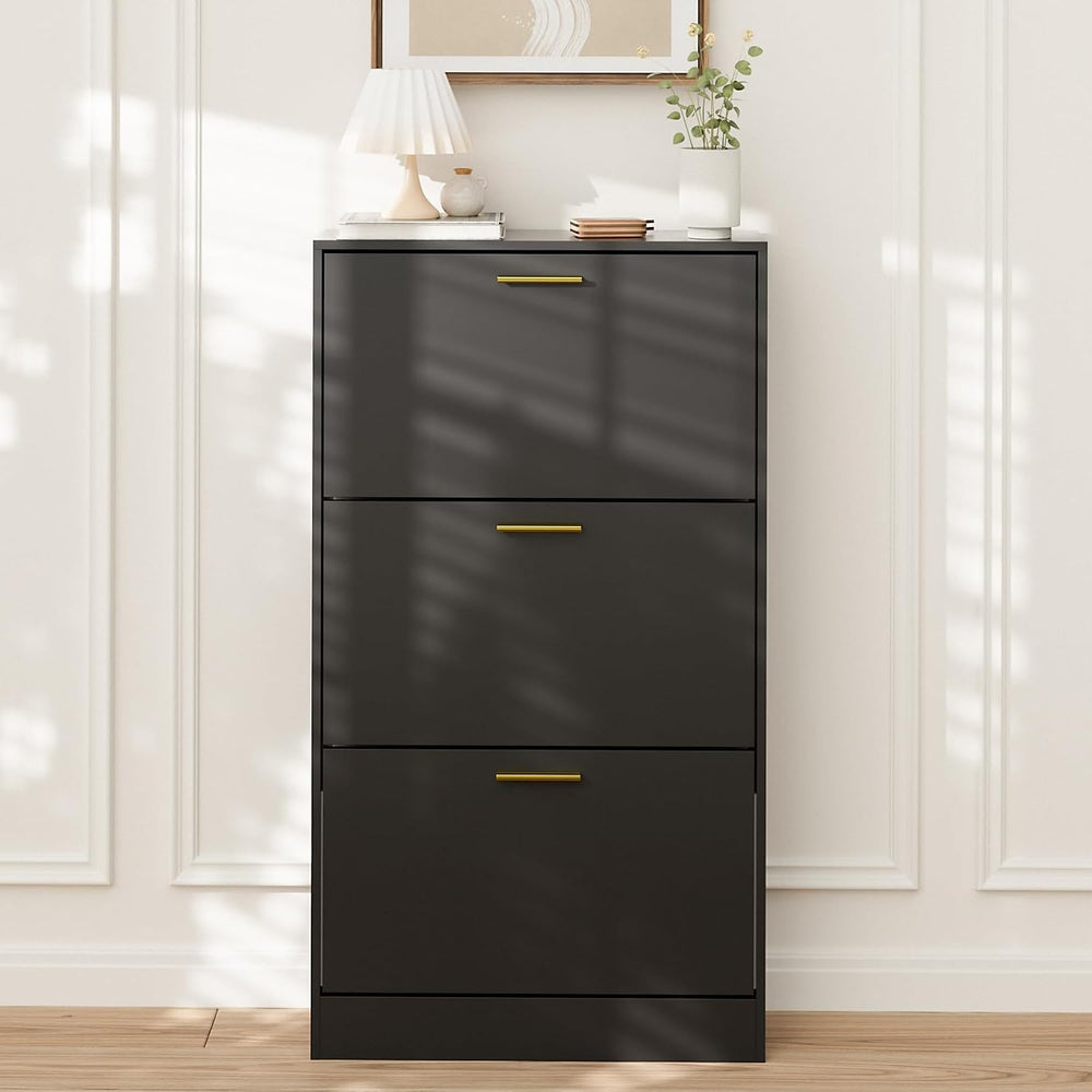 LYNSOM Modern Entryway Shoe Cabinet with 3 Flip Drawers and Top Display, Blac...