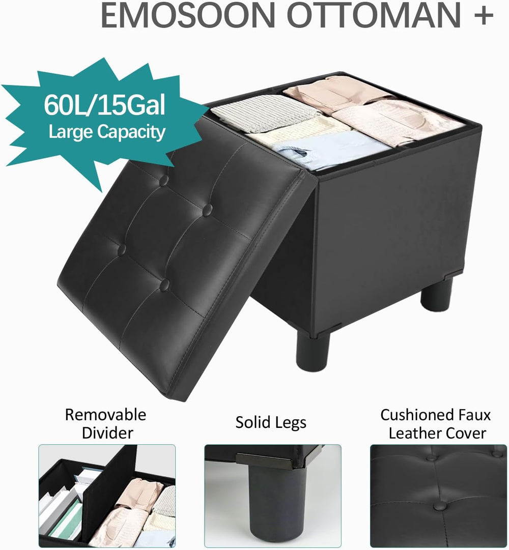 18 Inches Cube Storage Ottoman, Faux Leather Collapsible Square Folding Ottom...