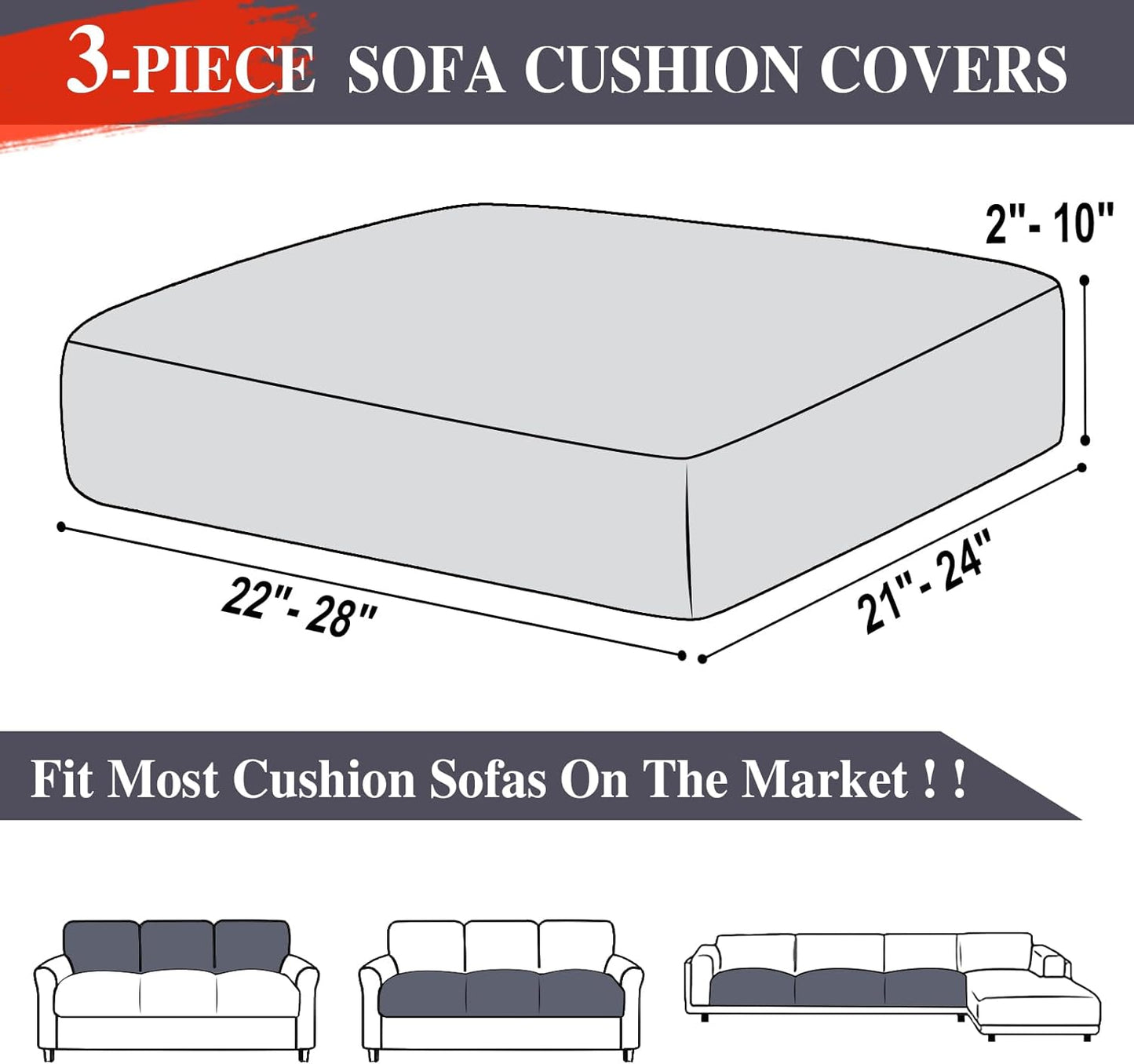 LA MEACK Couch Cushion Covers Seat Cushion Cover Stretch Couch Cover Separate Sectional Sofa Slipcovers Furniture Protector(3 Pieces for Seat or Sofa Backrest, Dark Grey)
