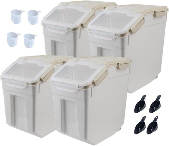 25LB Large Flour Storage Container Bin,4 Pack Airtight Plastic with Wheels Seal Locking Lid Dispenser Organizer Storage Bin with Measuring Cup & Scoop for Flour, Rice, Grain 100LBS Total,Grey