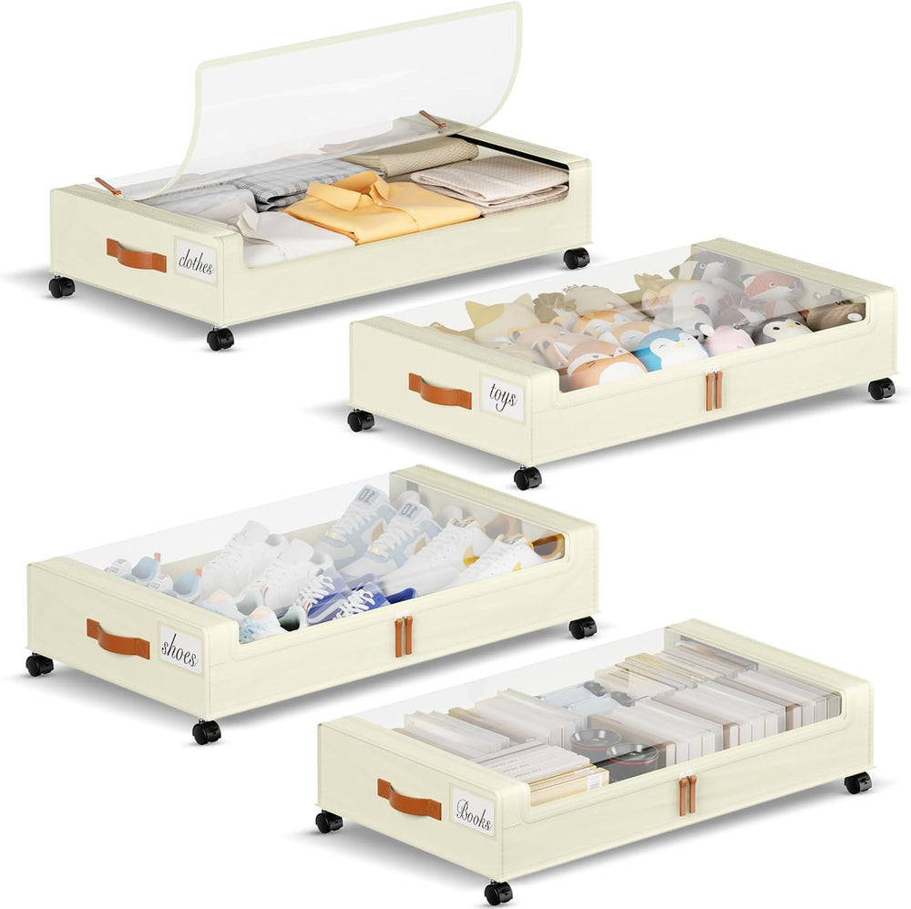 Yecaye 60L Under Bed Storage with Wheels, 4 Pack, Beige