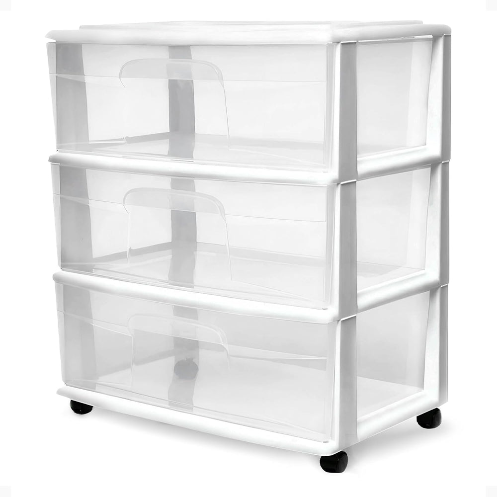 HOMZ Drawer Tower, 3-Tier Storage Cart with Removable Wheels, White Frame