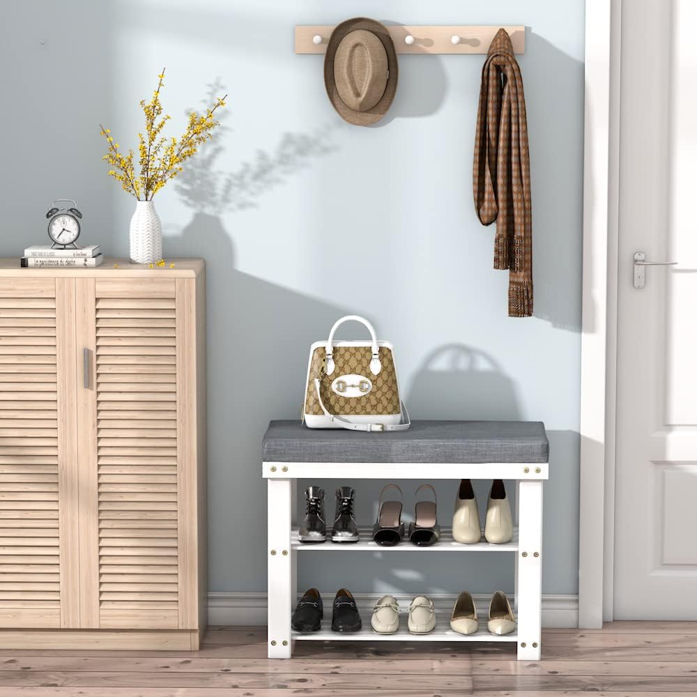 Domax Bamboo Shoe Bench with Cushion, 3-Tier Shoe Rack Organizer, White
