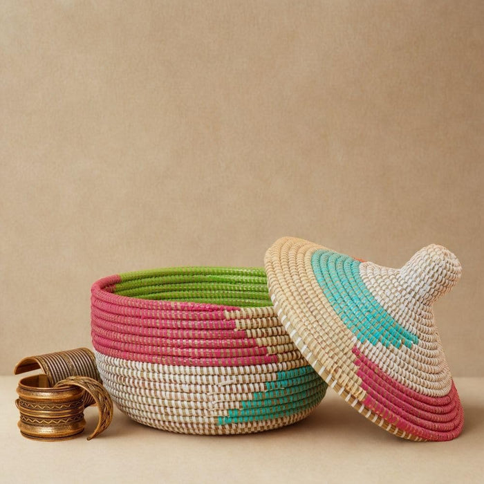 Decorative African Woven Lidded Basket, Colorful Pattern, Hood Lid, 10 Inch Wide